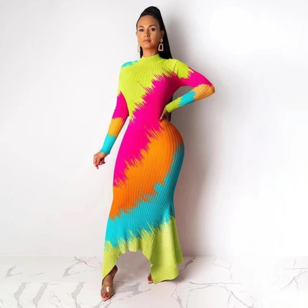 🩷🧡💛🩵 1X Vibrant, Curve Hugging L/S Maxi Dress (As seen on Brat Loves Judy)